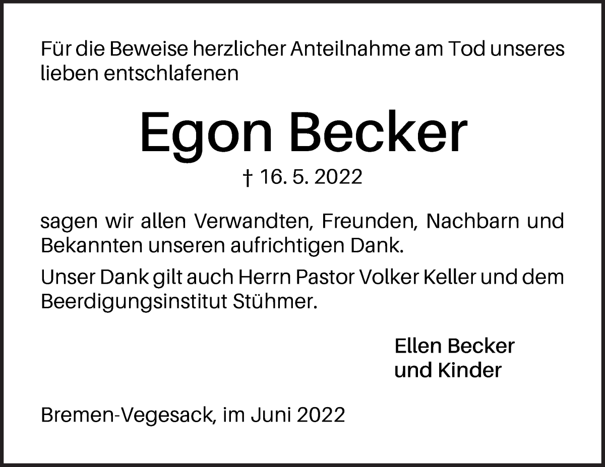 Traueranzeige von Egon Becker von Die Norddeutsche