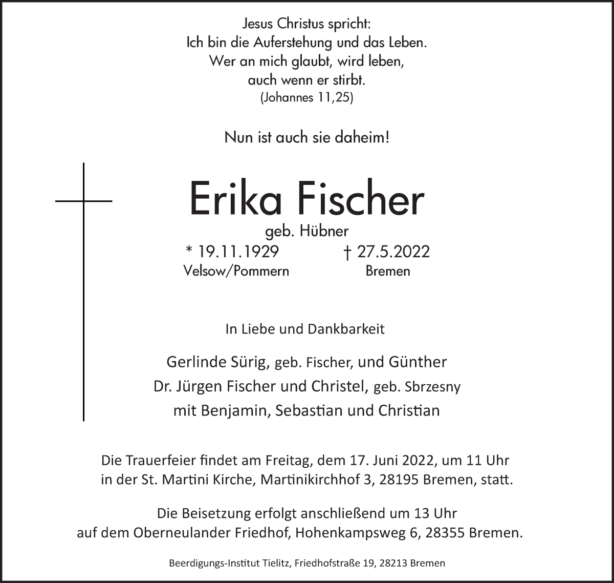Traueranzeige von Erika Fischer von WESER-KURIER