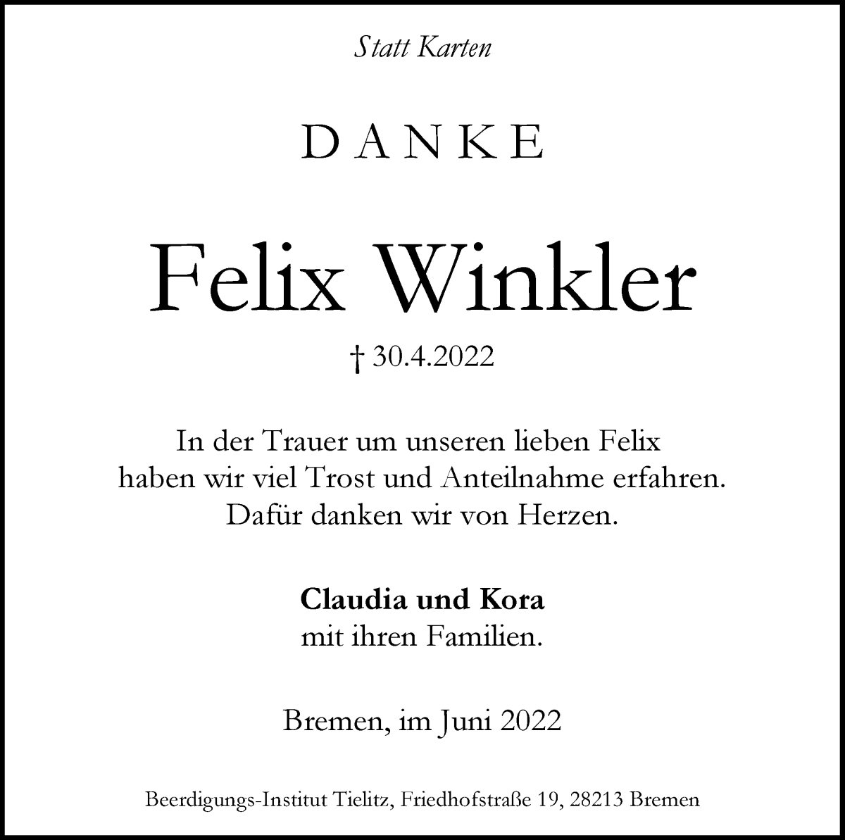 Traueranzeige von Felix Winkler von WESER-KURIER