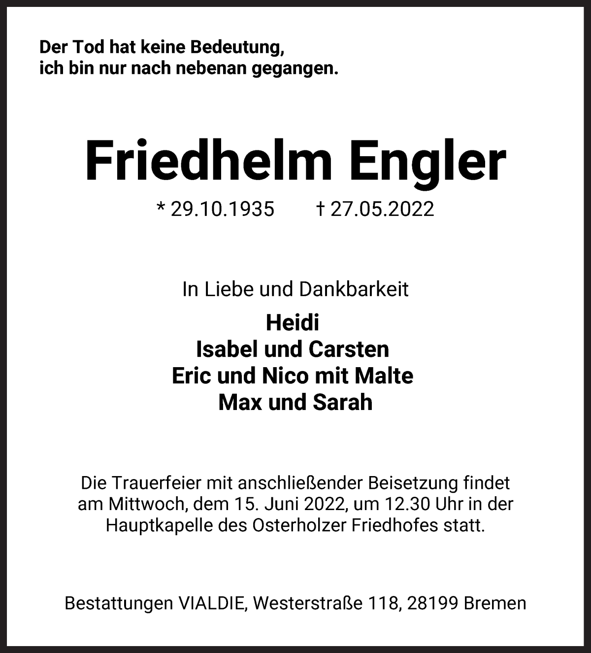 Traueranzeige von Friedhelm Engler von WESER-KURIER
