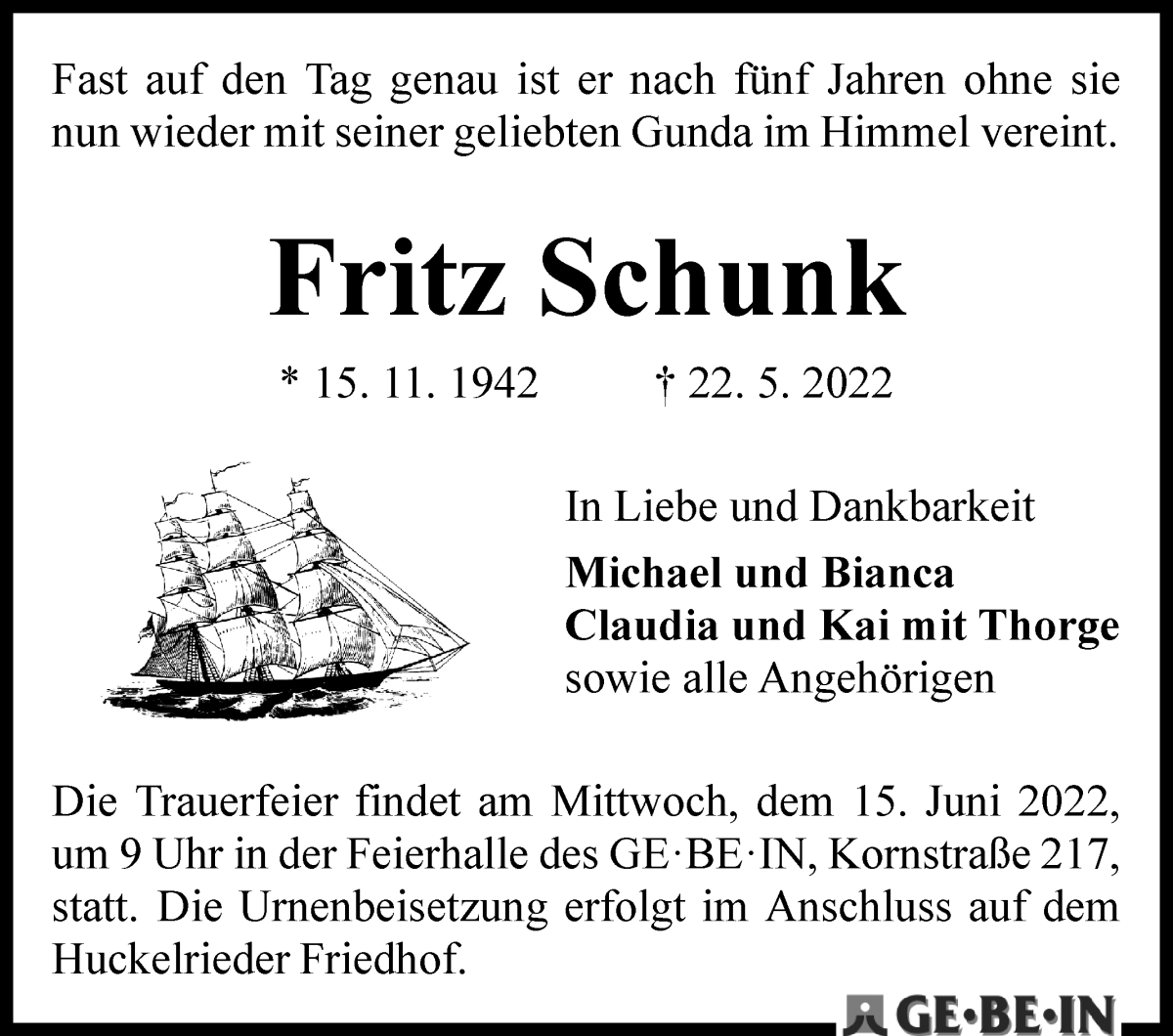 Traueranzeige von Fritz Schunk von WESER-KURIER