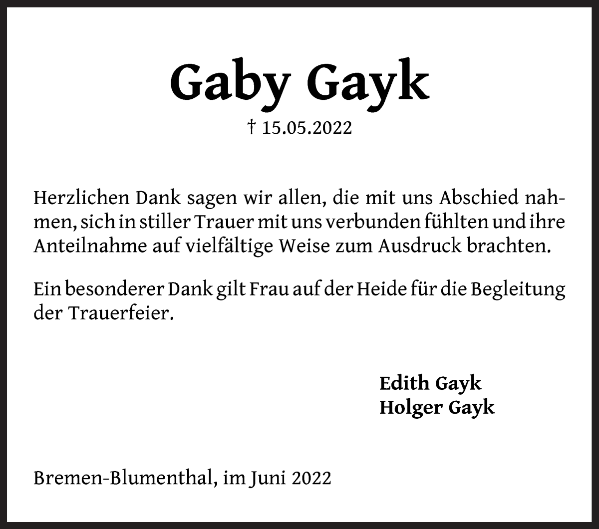 Traueranzeige von Gaby Gayk von Die Norddeutsche