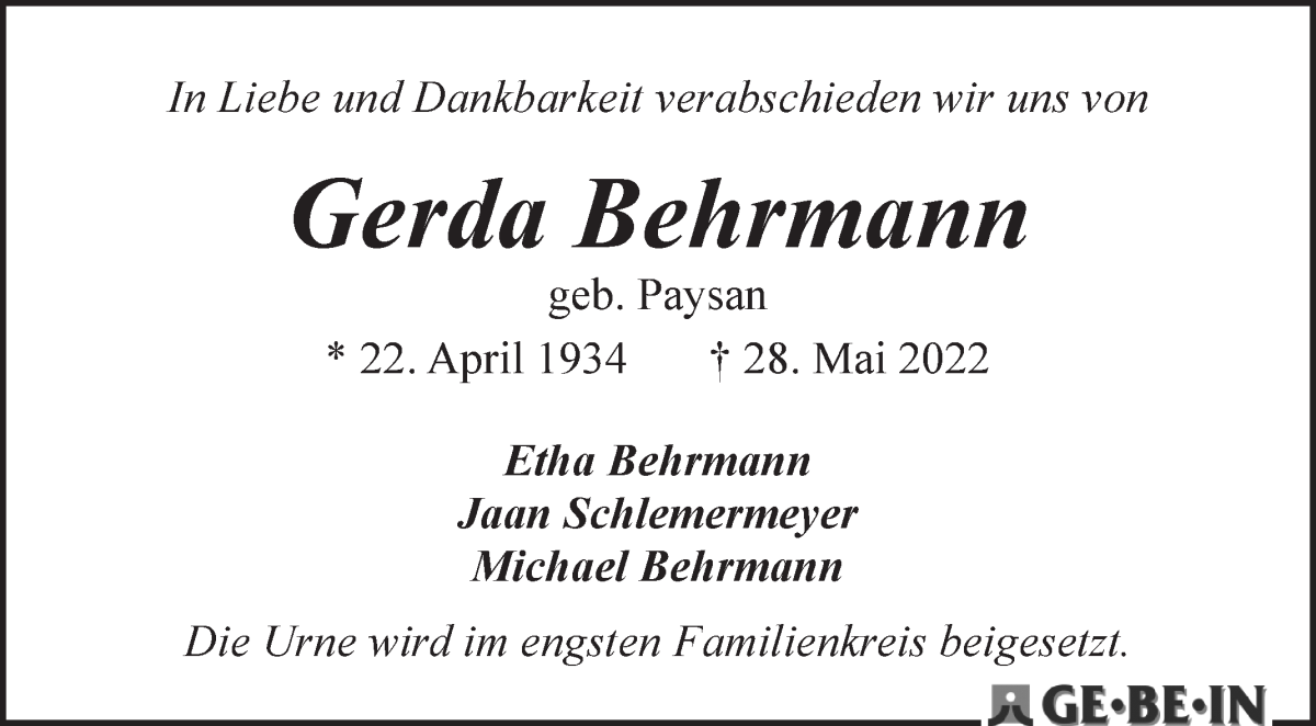 Traueranzeige von Gerda Behrmann von WESER-KURIER