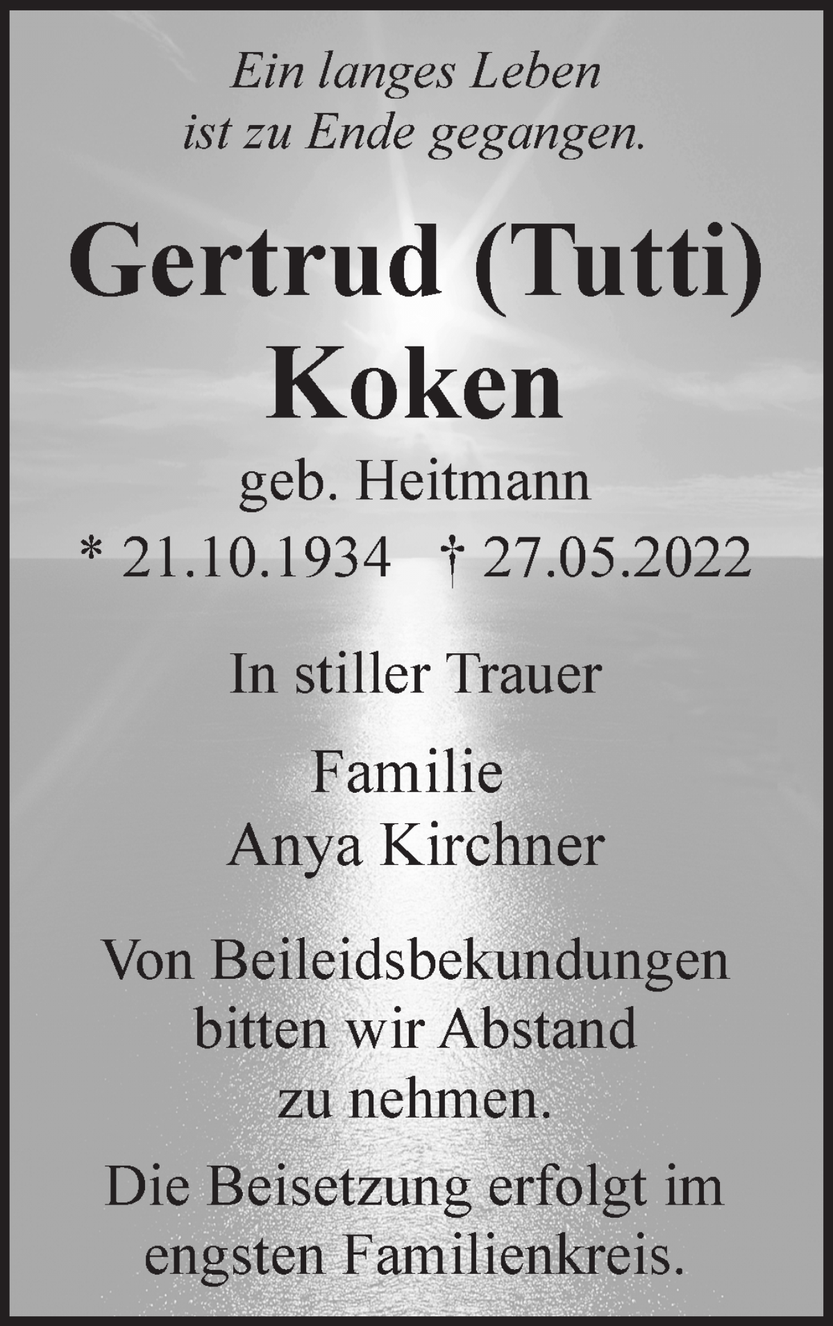 Traueranzeige von Gertrud Koken von WESER-KURIER