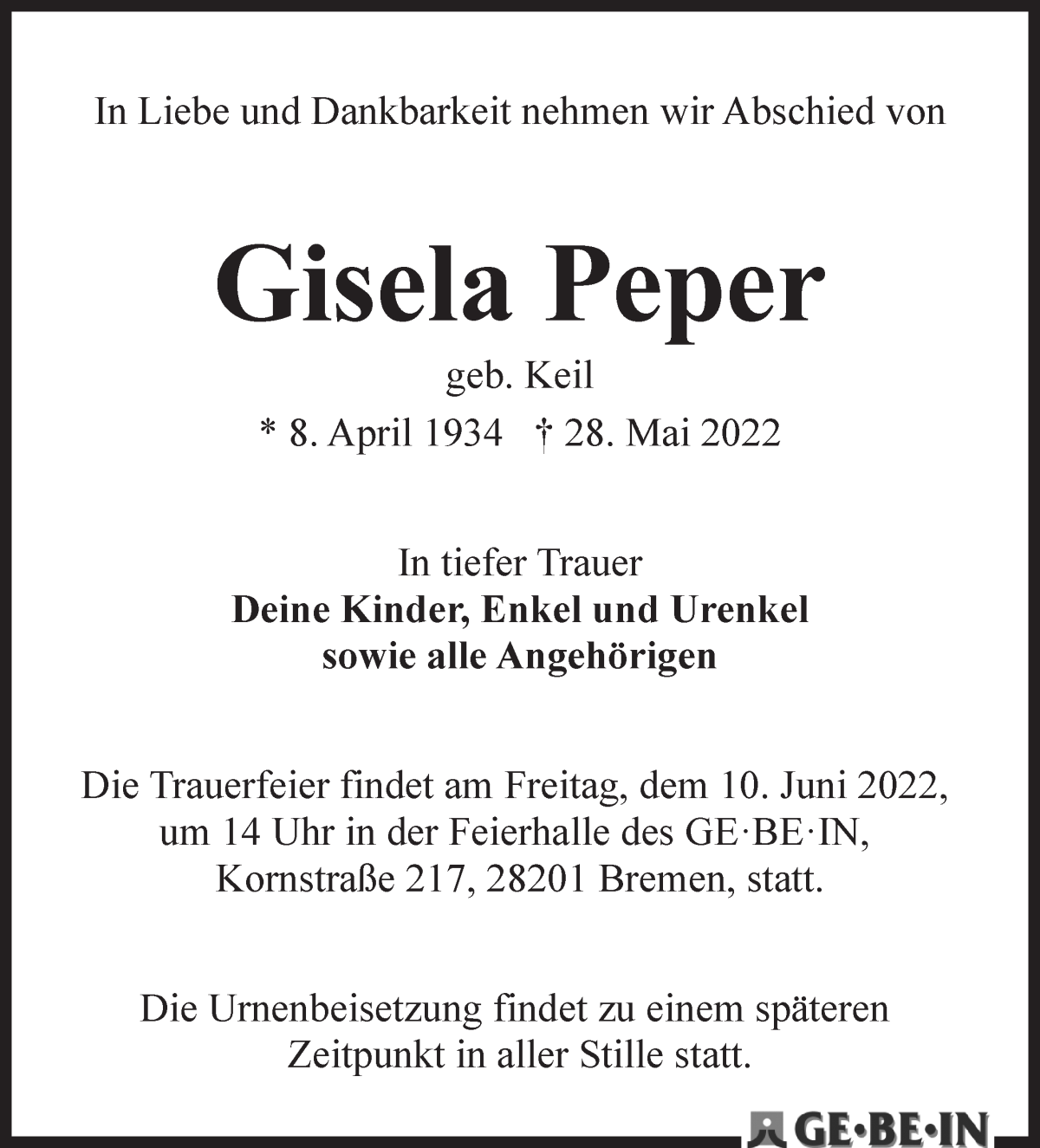 Traueranzeige von Gisela Peper von WESER-KURIER