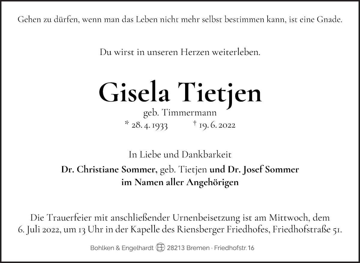 Traueranzeige von Gisela Tietjen von WESER-KURIER