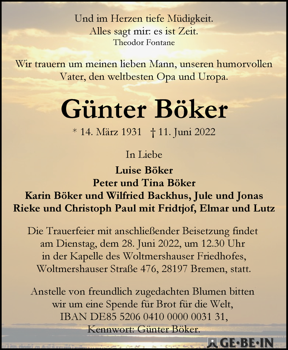 Traueranzeige von Günter Böker von WESER-KURIER