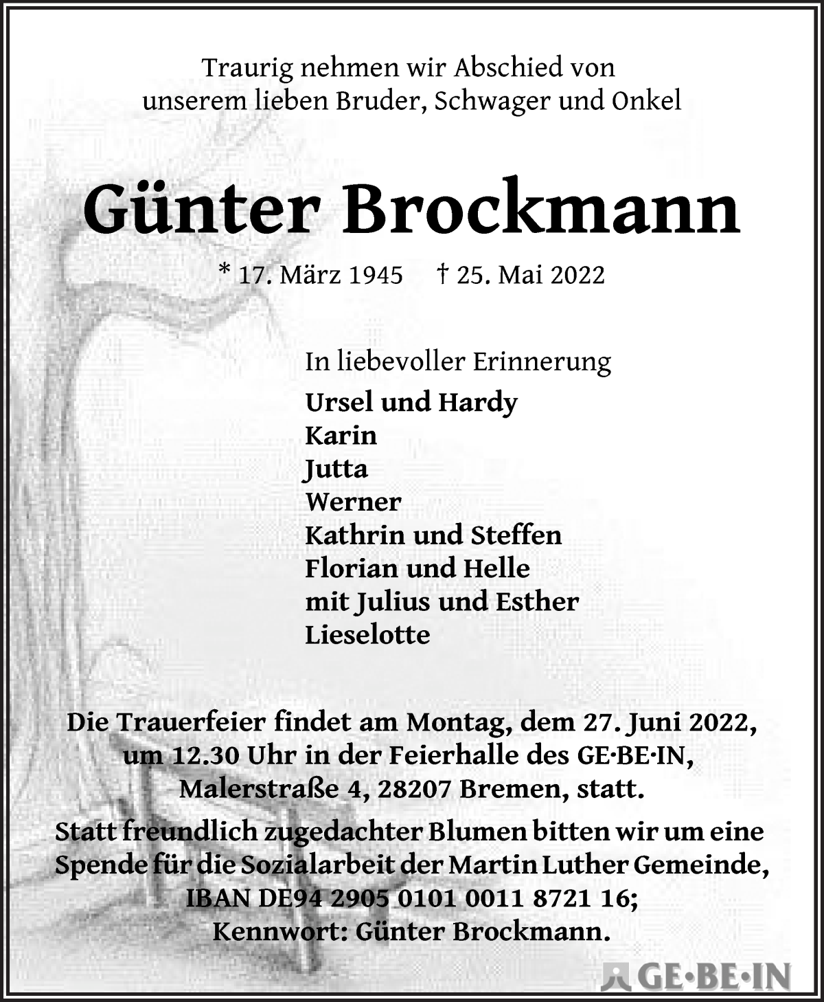 Traueranzeige von Günter Brockmann von WESER-KURIER