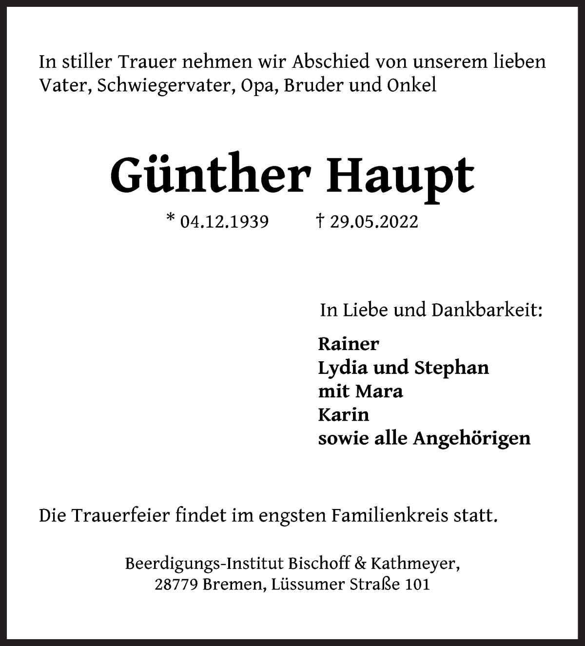 Traueranzeige von Günther Haupt von Die Norddeutsche