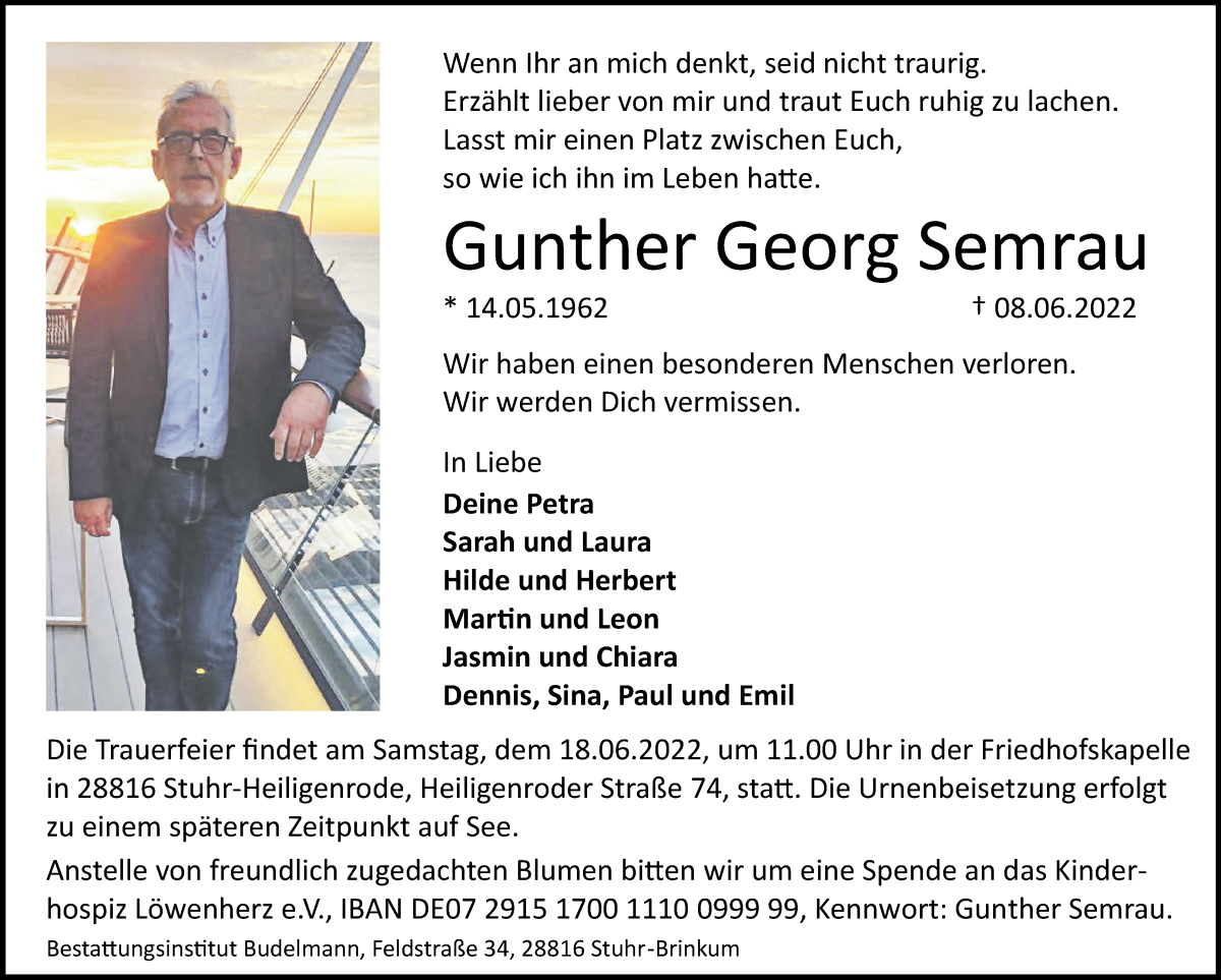 Traueranzeige von Gunther Georg Semrau von WESER-KURIER