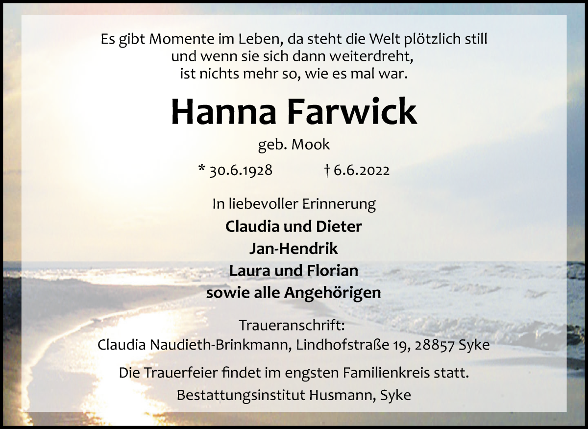 Traueranzeige von Hanna Farwick von WESER-KURIER