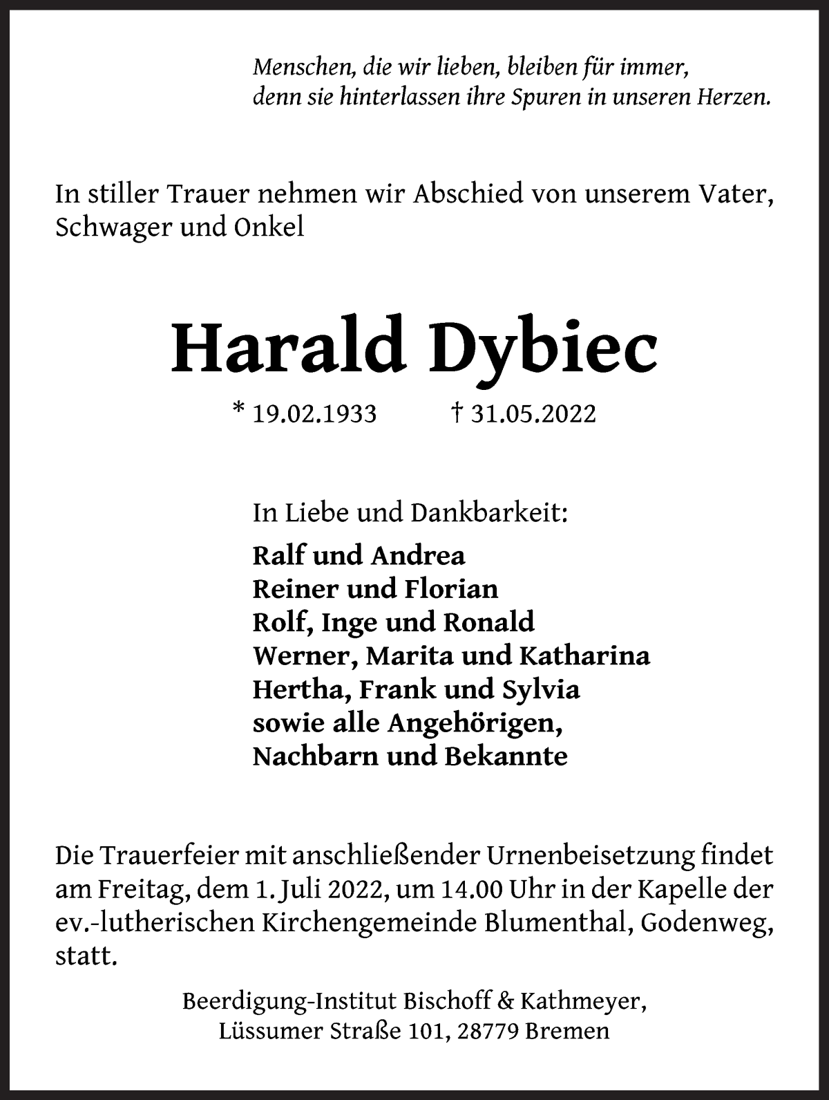 Traueranzeige von Harald Dybiec von Die Norddeutsche