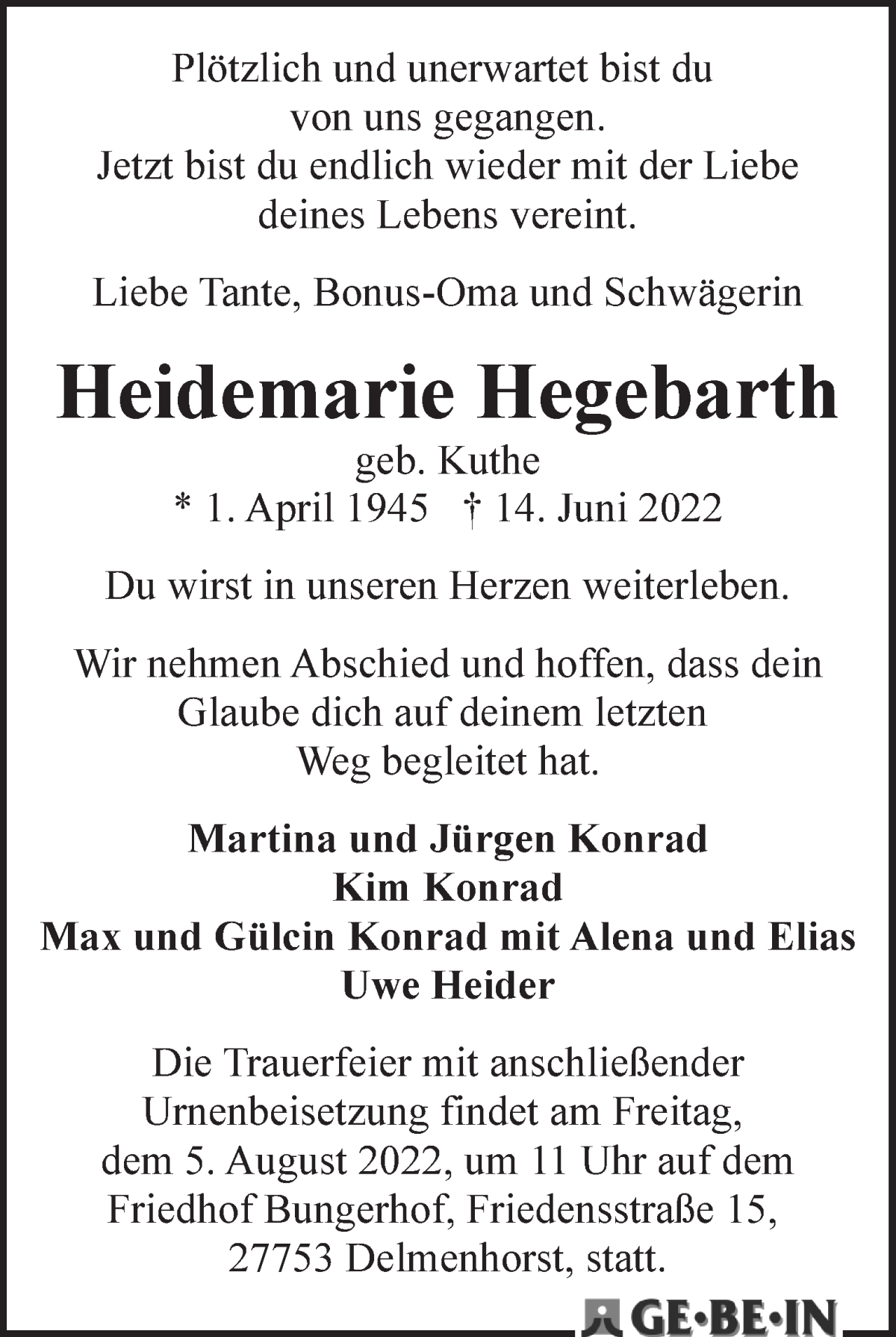 Traueranzeige von Heidemarie Hegebarth von WESER-KURIER