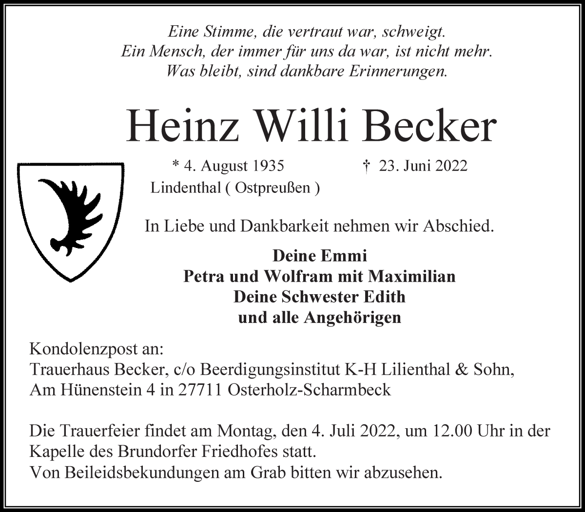 Traueranzeige von Heinz Willi Becker von Osterholzer Kreisblatt
