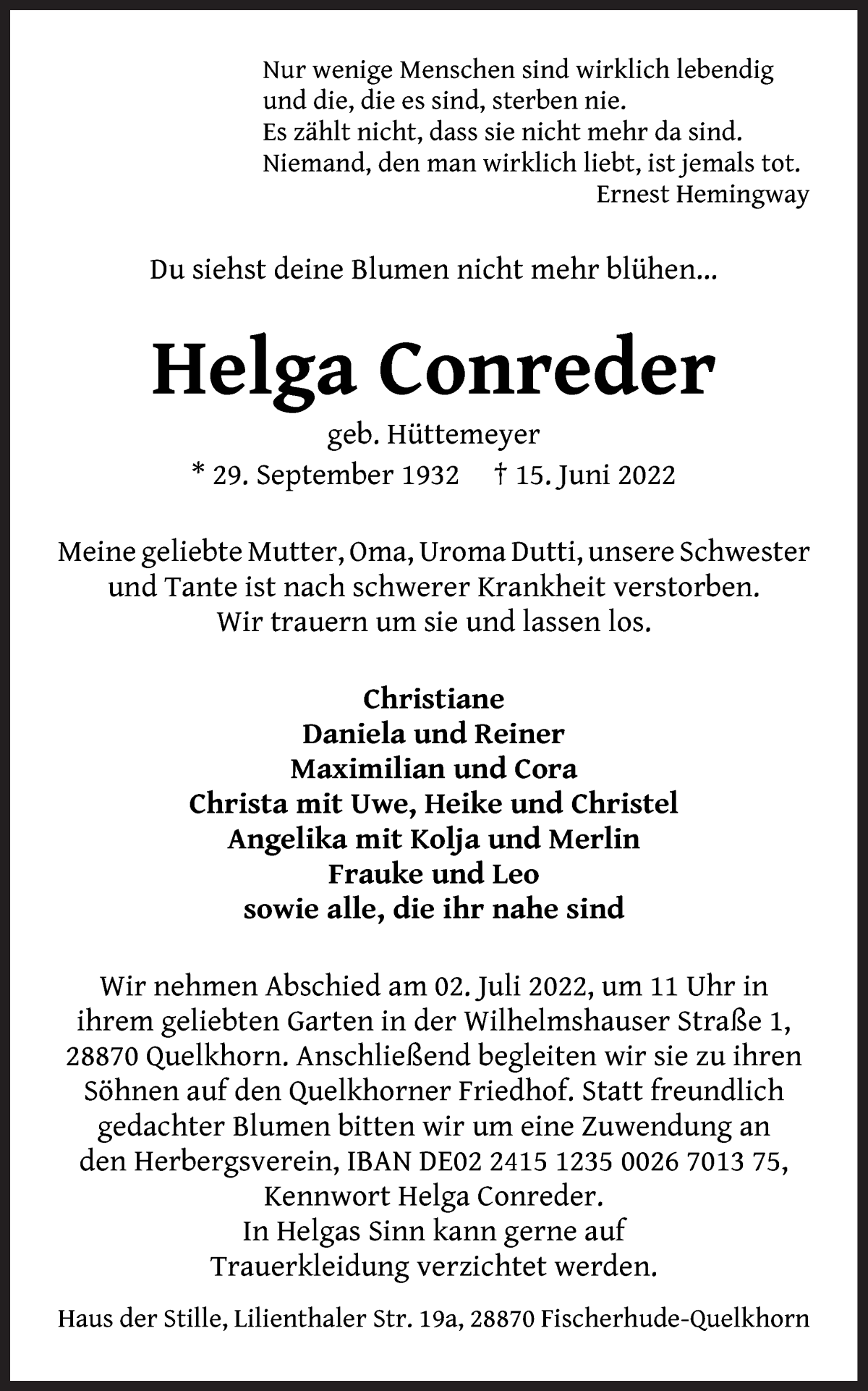 Traueranzeige von Helga Conreder von WESER-KURIER