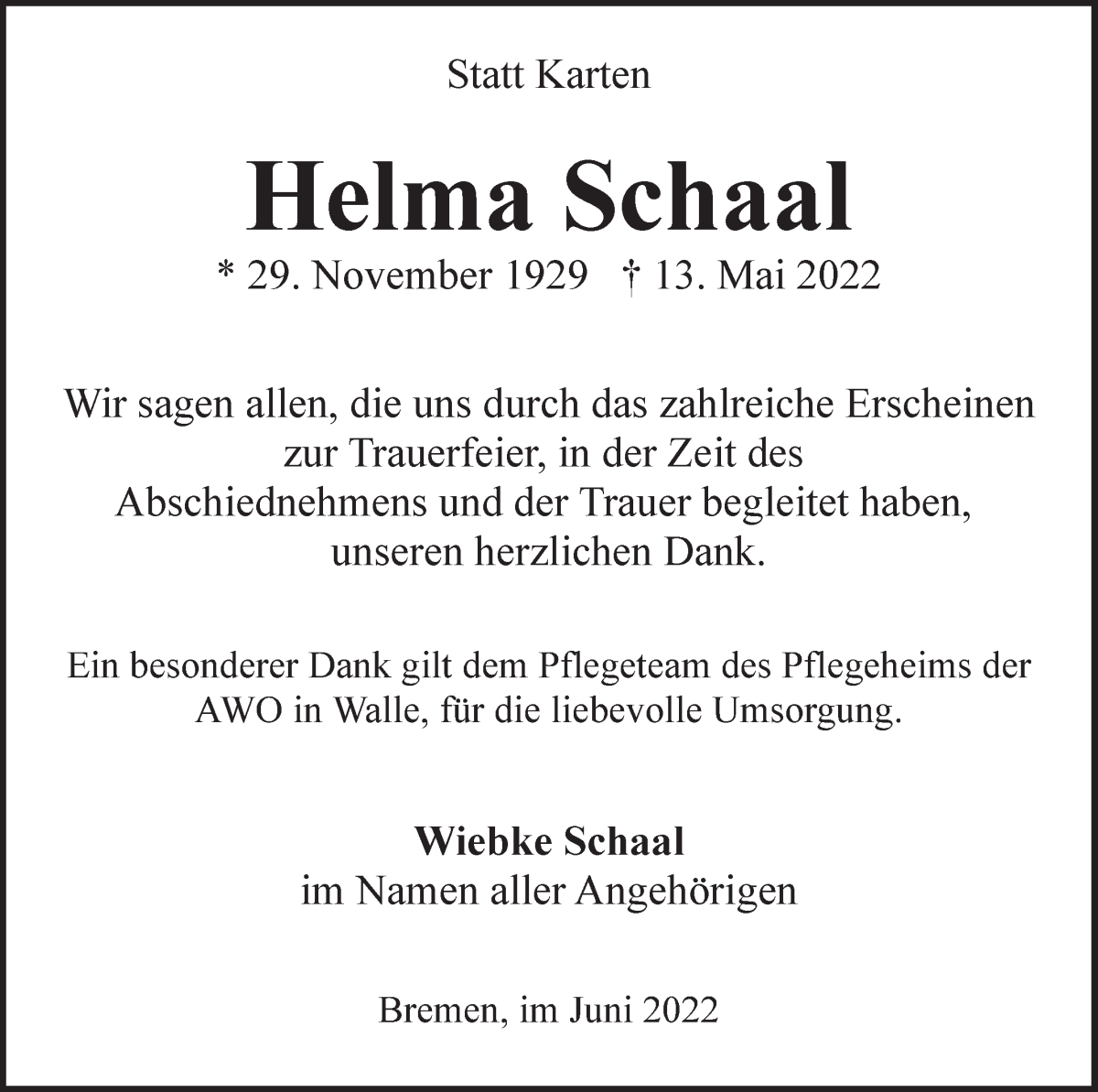 Traueranzeige von Helma Schaal von WESER-KURIER