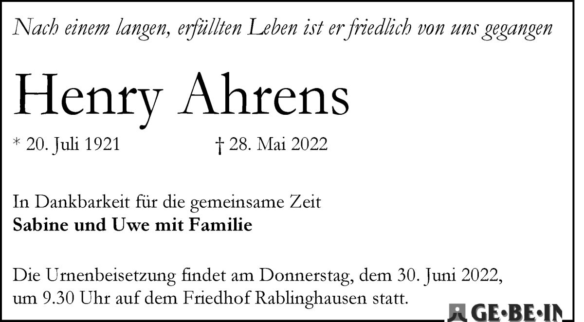 Traueranzeige von Henry Ahrens von WESER-KURIER
