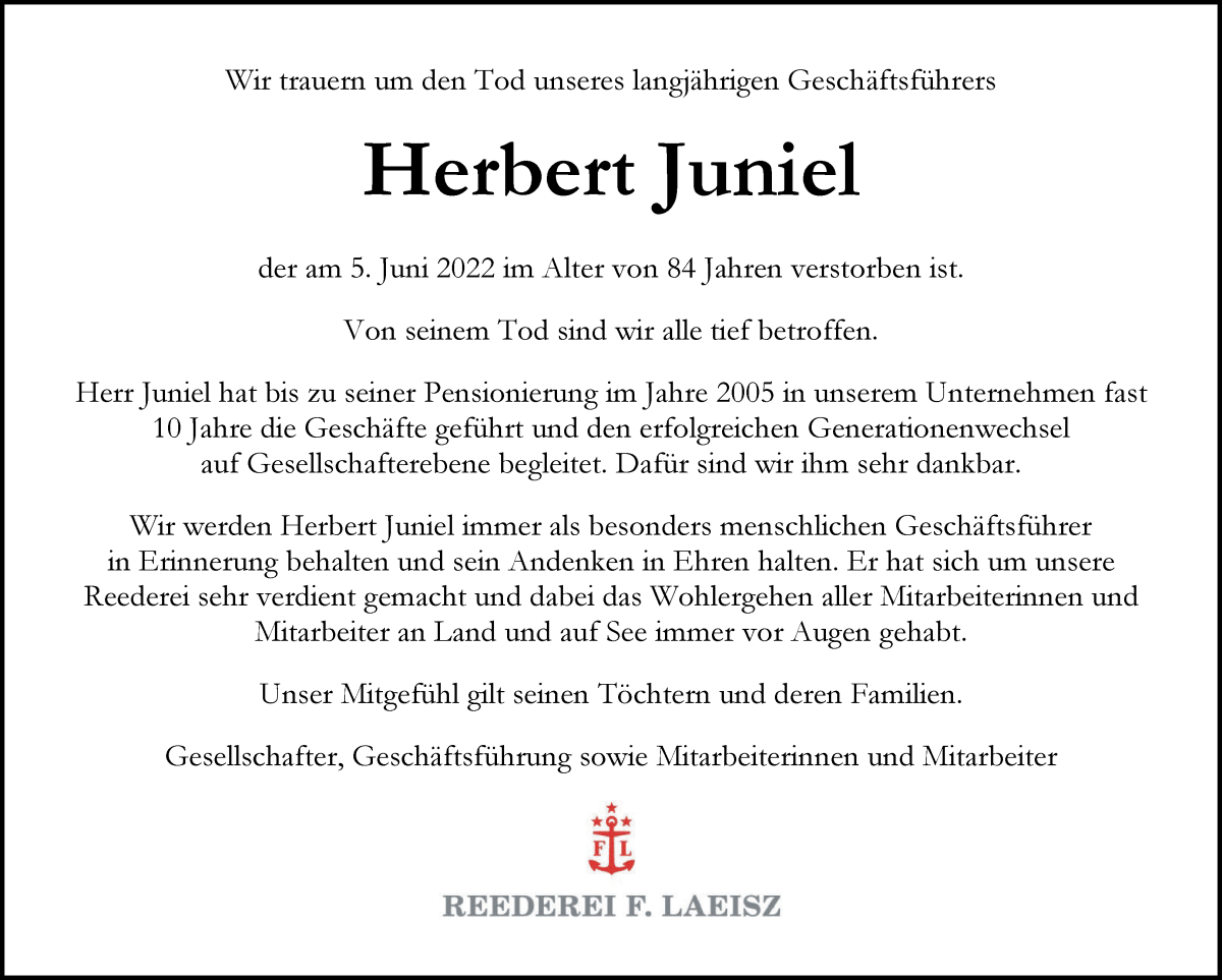 Traueranzeige von Herbert Juniel von WESER-KURIER