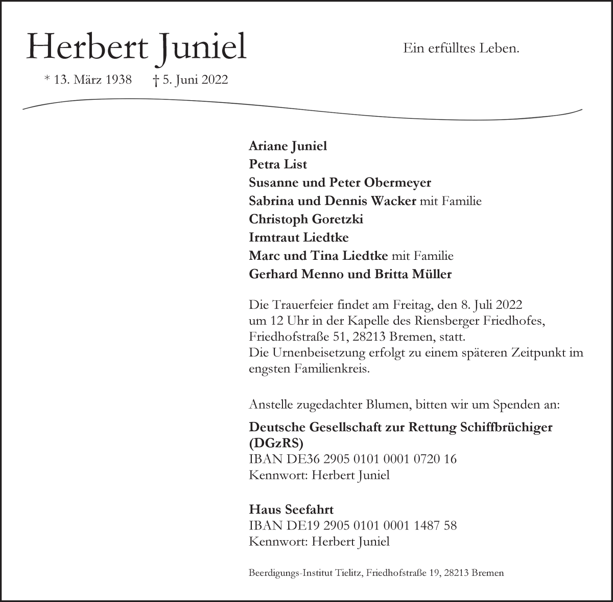 Traueranzeige von Herbert Juniel von WESER-KURIER