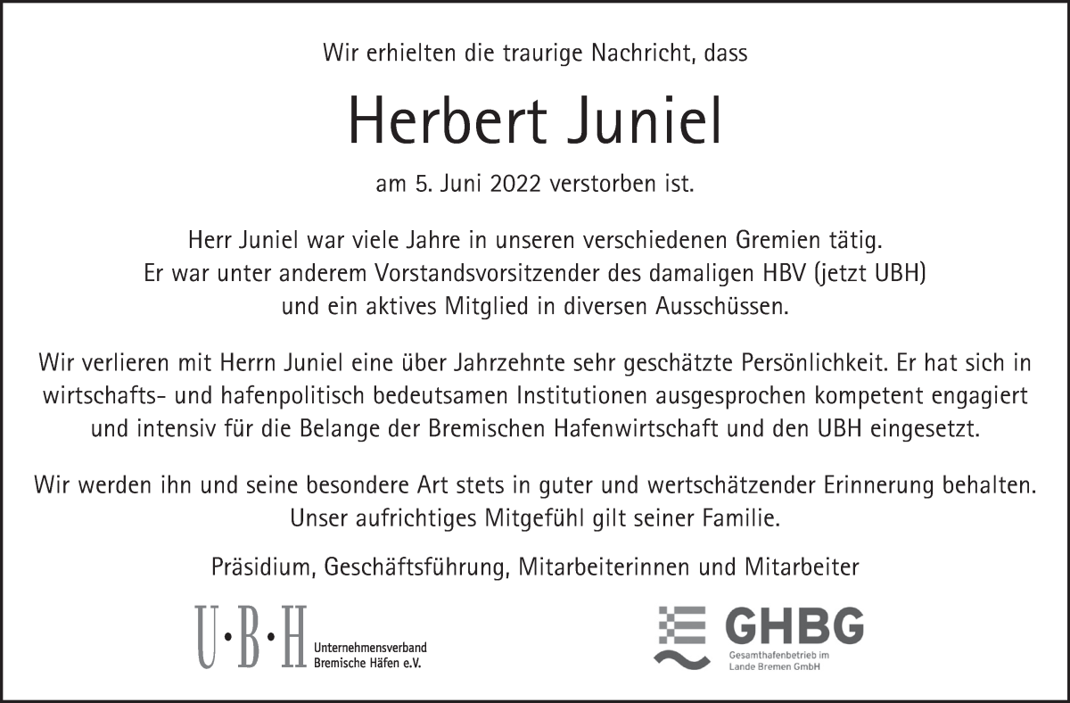 Traueranzeige von Herbert Juniel von WESER-KURIER