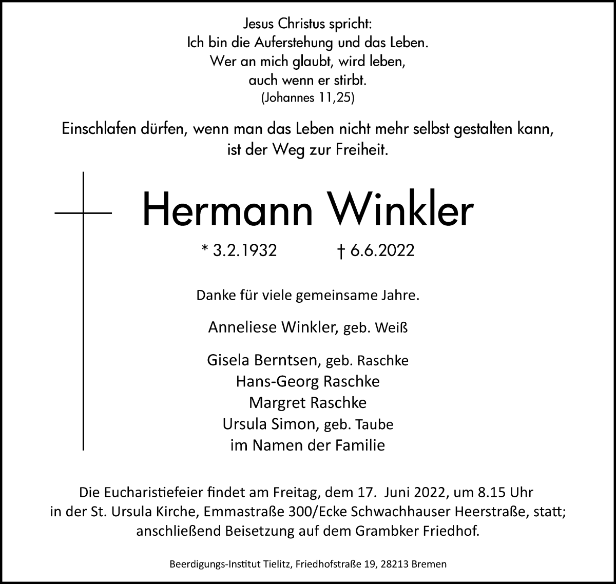 Traueranzeige von Hermann Winkler von WESER-KURIER
