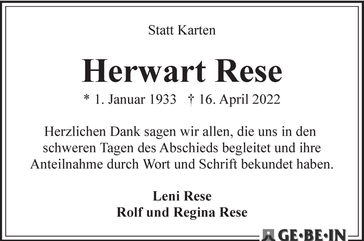 Traueranzeige von Herwart Rese von WESER-KURIER