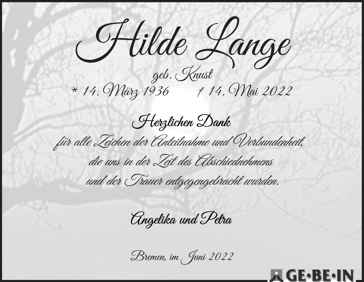 Traueranzeige von Hilde Lange von Wuemme Zeitung