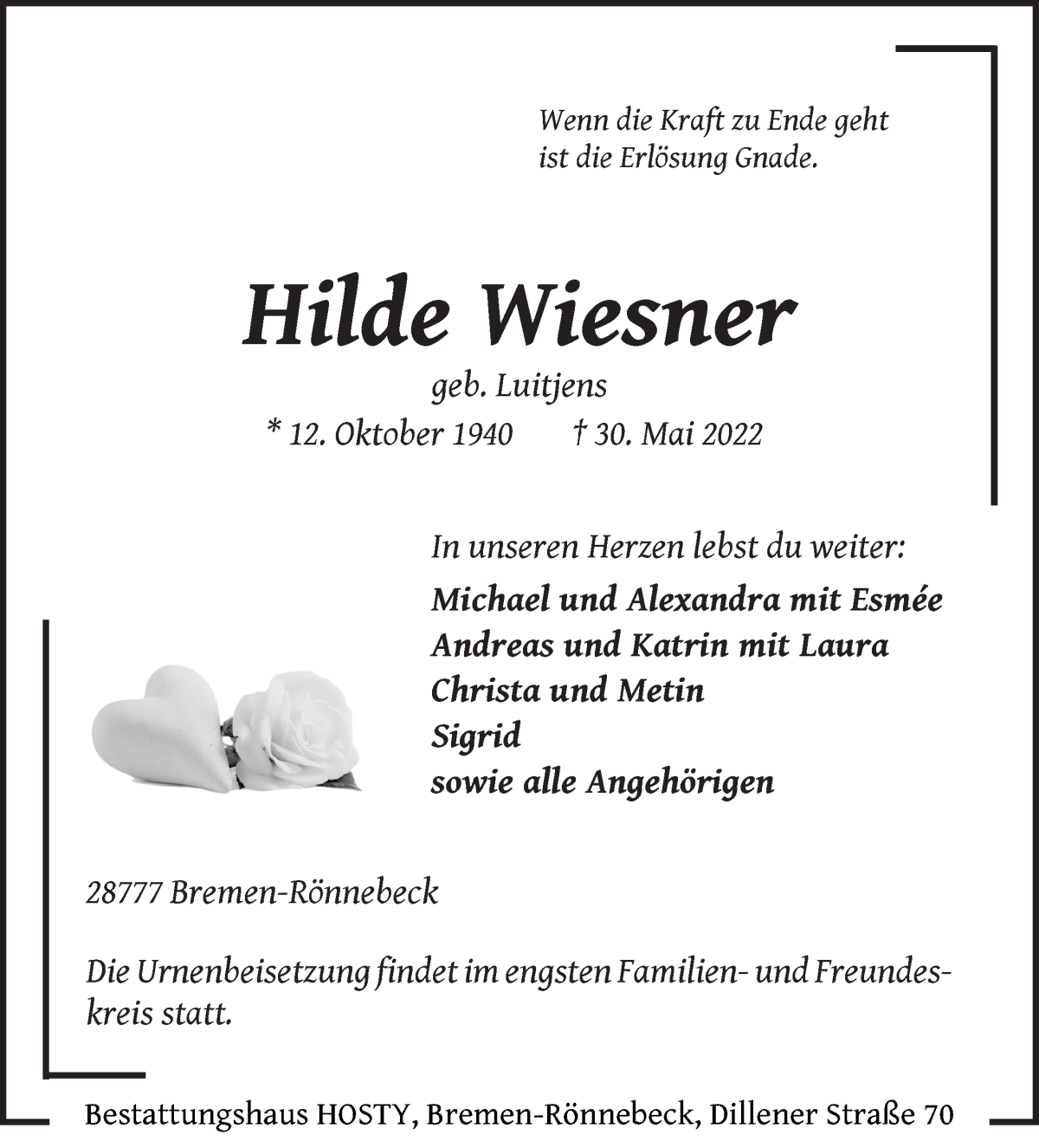 Traueranzeige von Hilde Wiesner von Die Norddeutsche