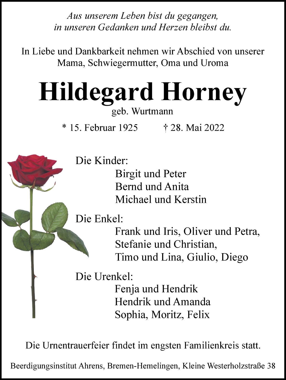 Traueranzeige von Hildegard Horney von WESER-KURIER