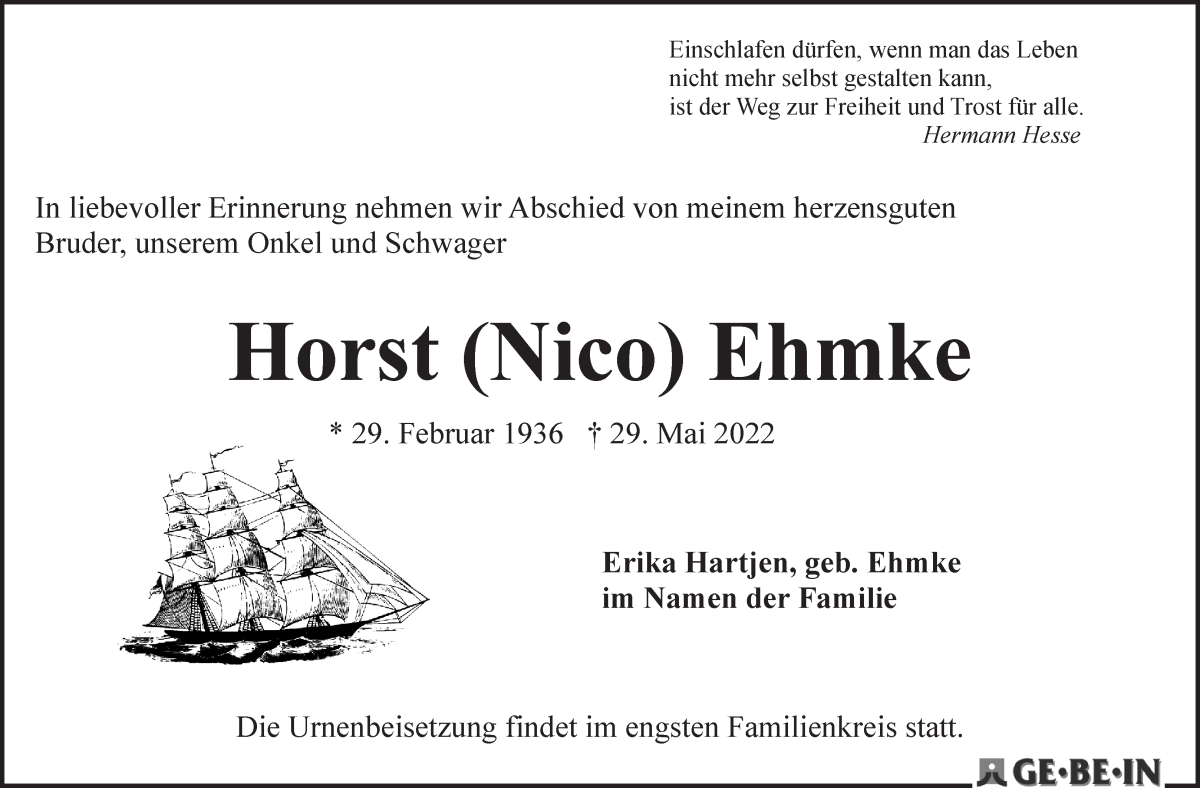Traueranzeige von Horst Ehmke von WESER-KURIER