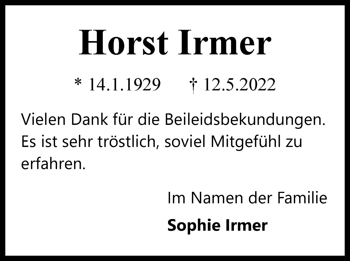 Traueranzeige von Horst Irmer von WESER-KURIER