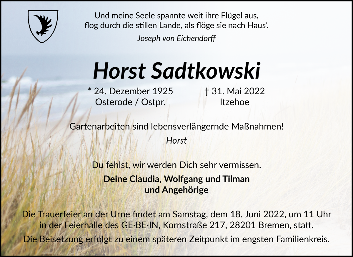 Traueranzeige von Horst Sadtkowski von WESER-KURIER