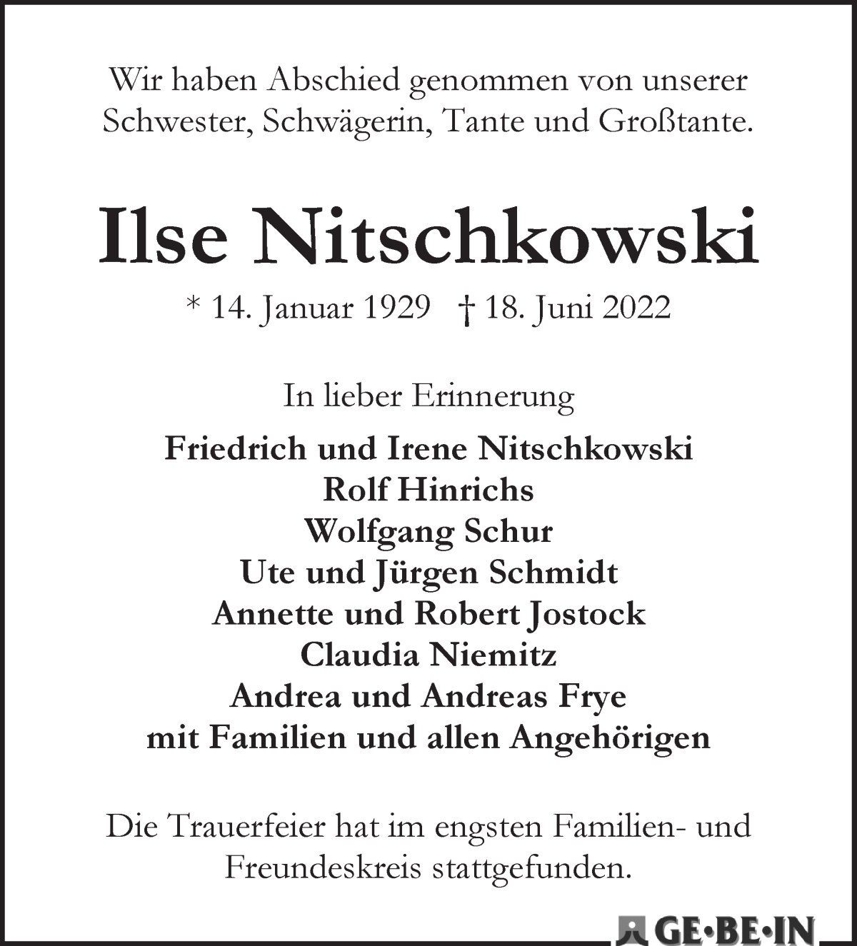 Traueranzeige von Ilse Nitschkowski von WESER-KURIER