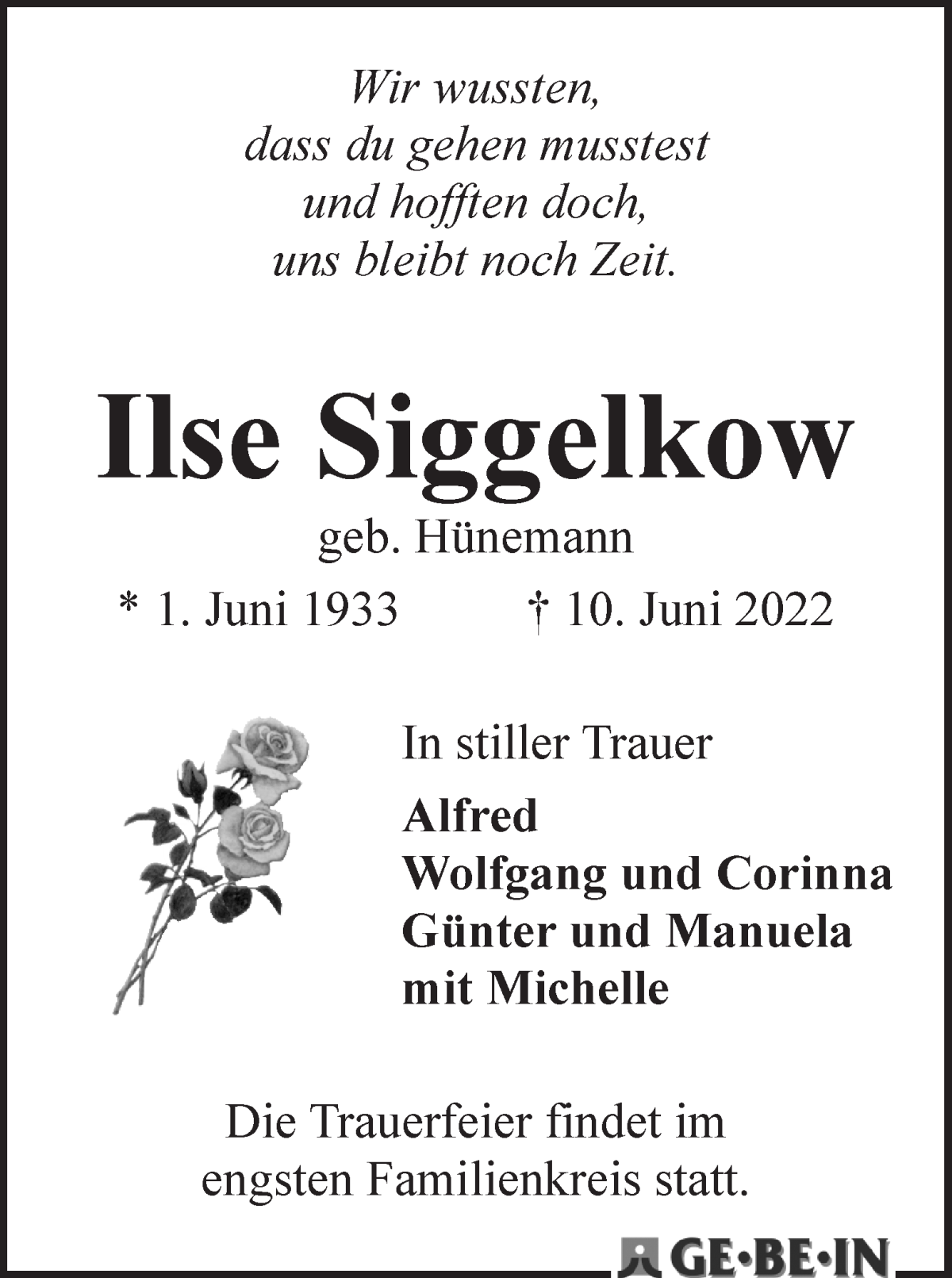 Traueranzeige von Ilse Siggelkow von WESER-KURIER