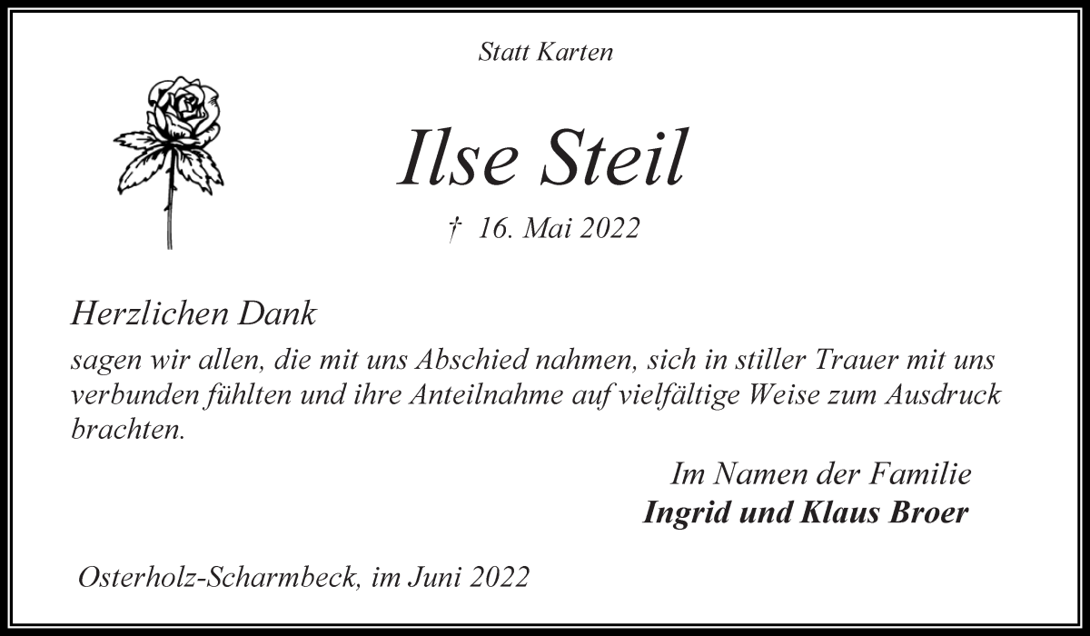 Traueranzeige von Ilse Steil von Osterholzer Kreisblatt