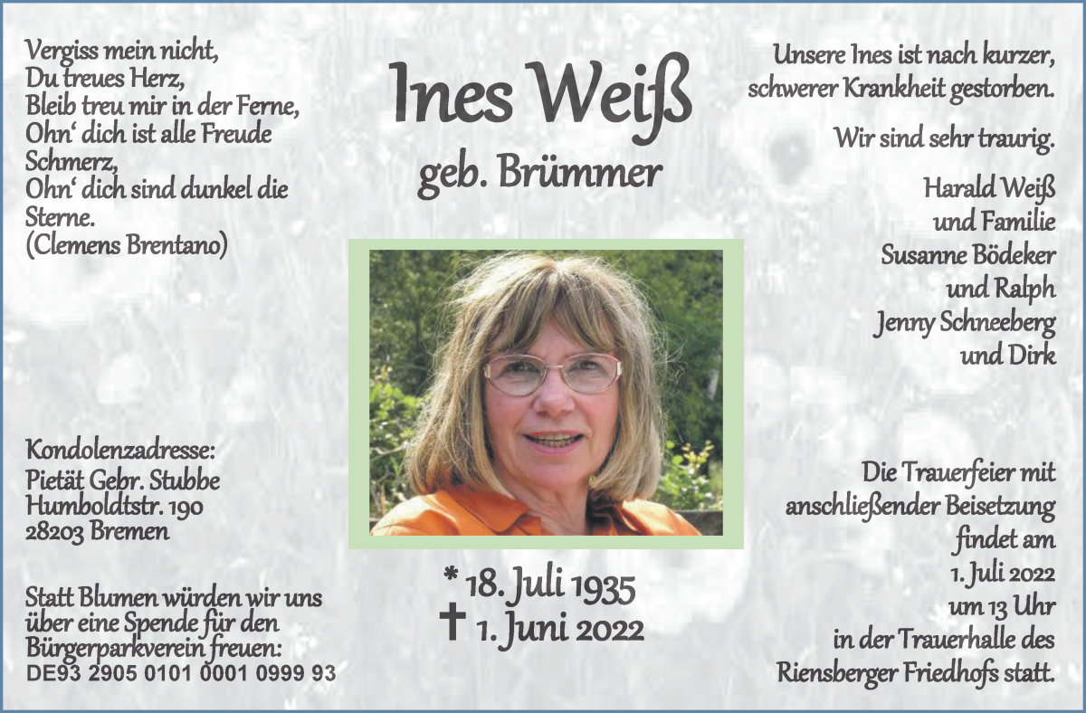Traueranzeige von Ines Weiß von WESER-KURIER