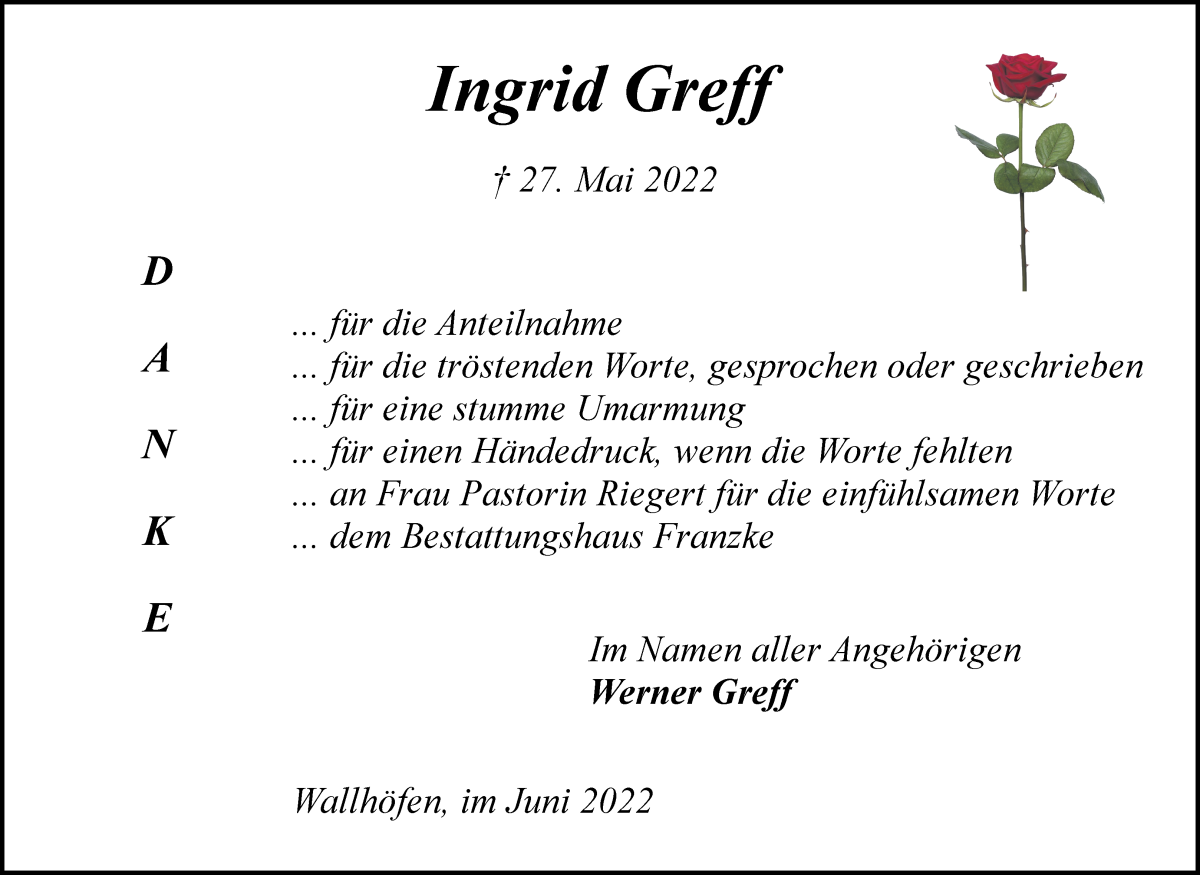 Traueranzeige von Ingrid Greff von Osterholzer Kreisblatt