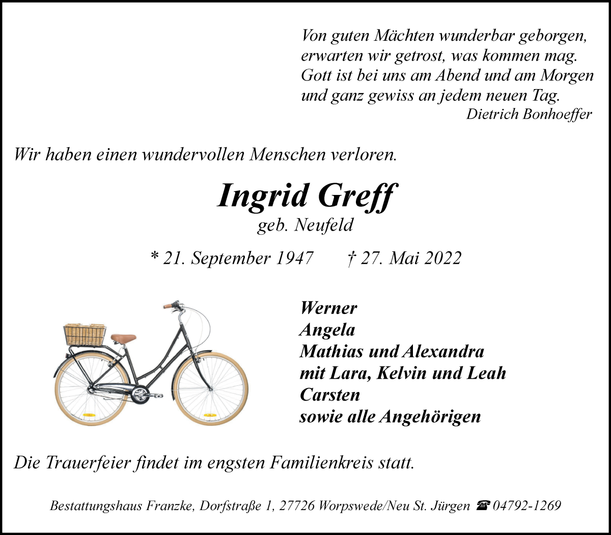 Traueranzeige von Ingrid Greff von Osterholzer Kreisblatt