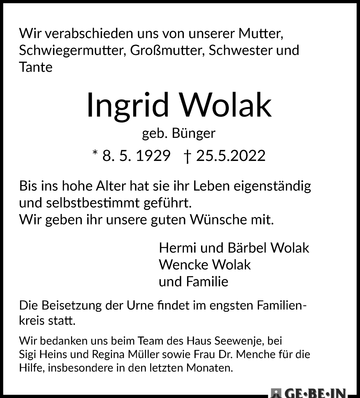 Traueranzeige von Ingrid Wolak von WESER-KURIER