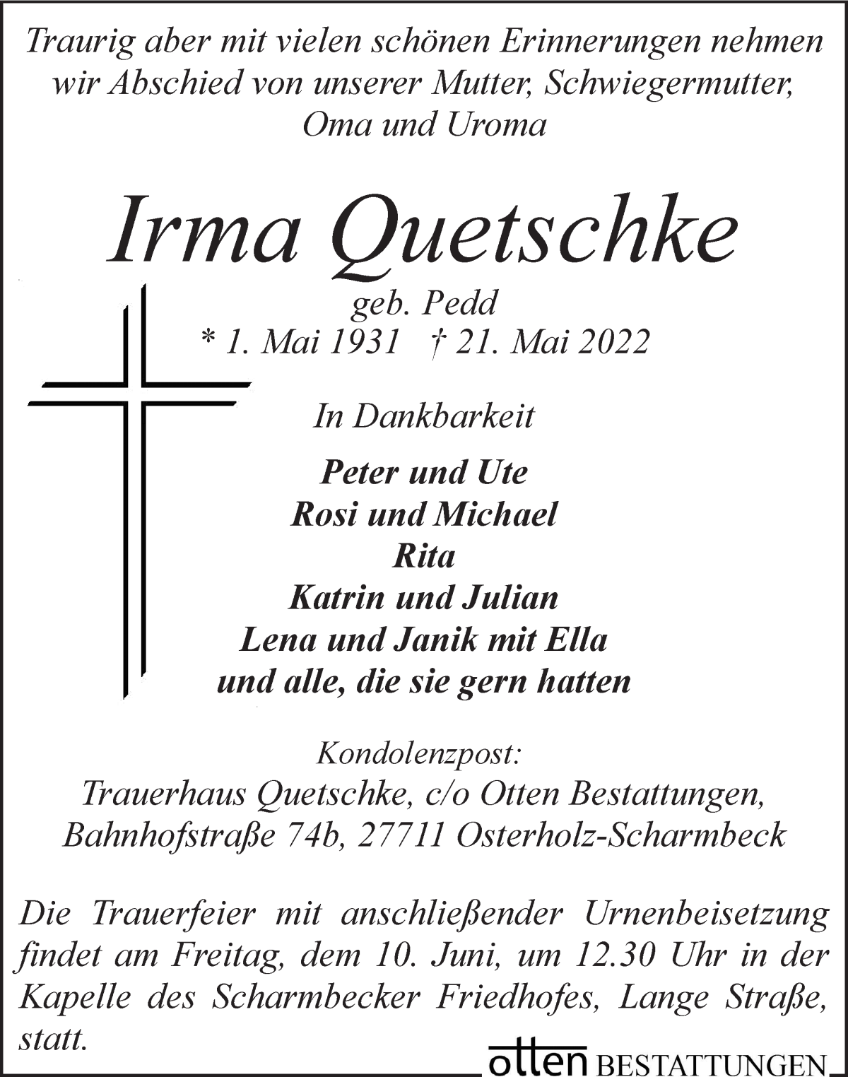 Traueranzeige von Irma Quetschke von Osterholzer Kreisblatt