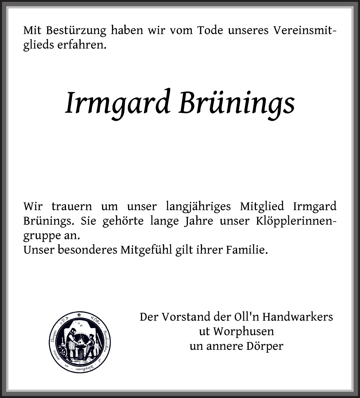 Traueranzeige von Irmgard Brünings von Wuemme Zeitung