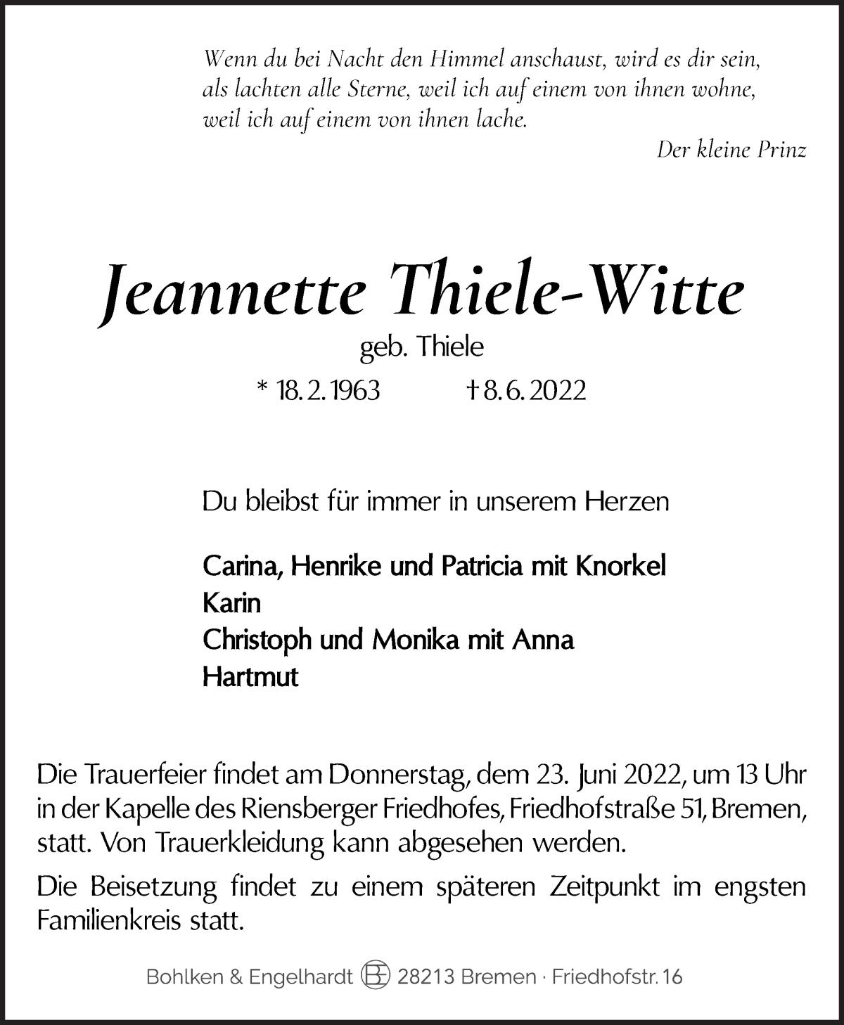 Traueranzeige von Jeannette Thiele-Witte von WESER-KURIER