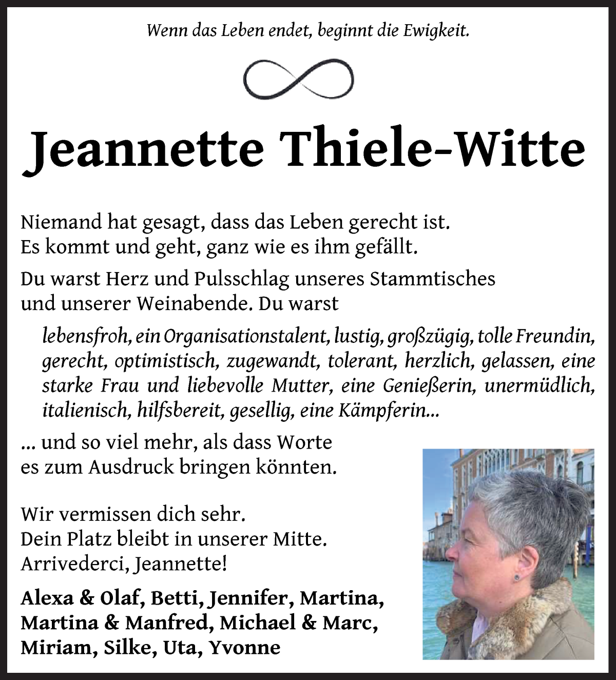 Traueranzeige von Jeannette Thiele-Witte von WESER-KURIER