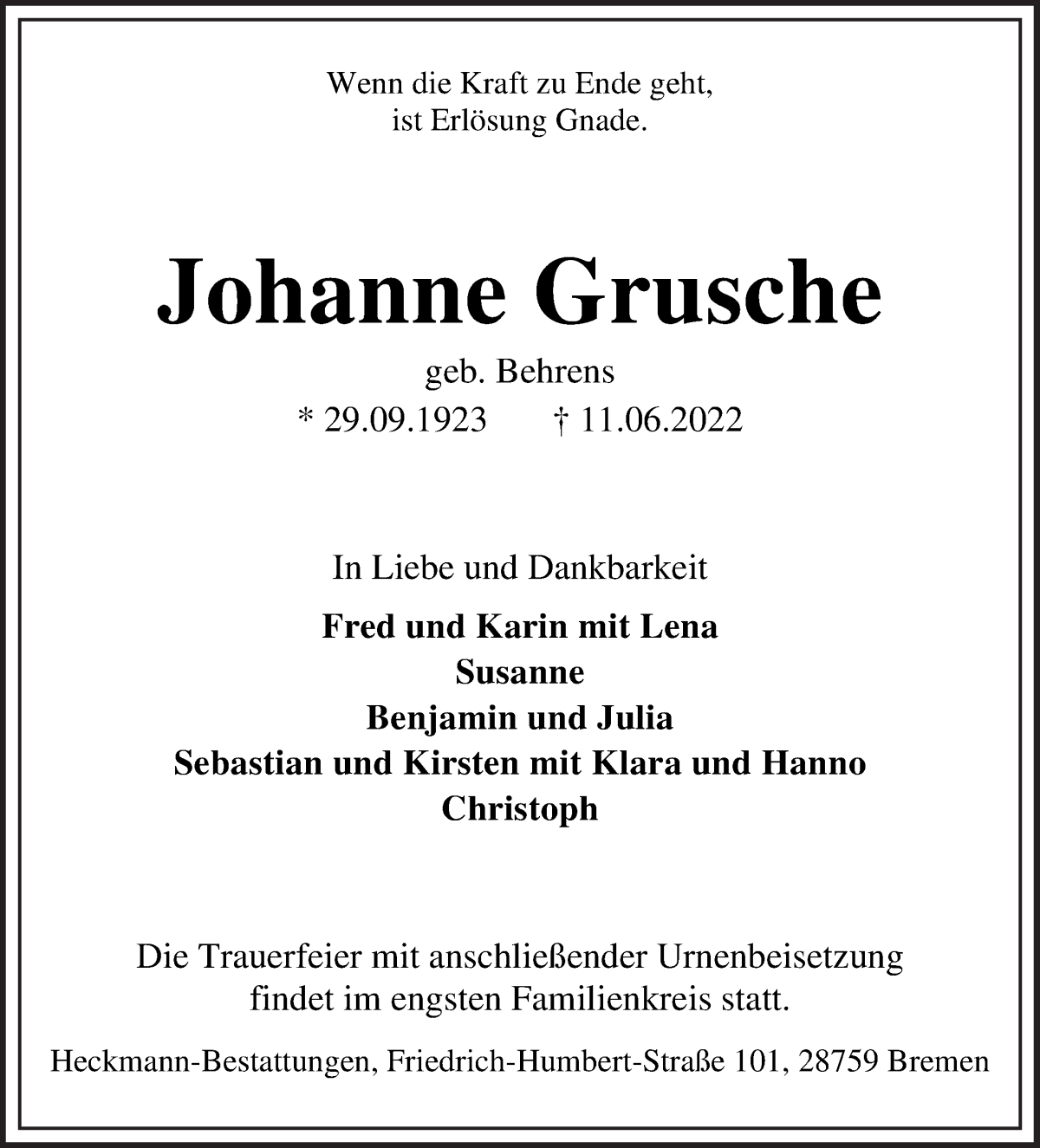 Traueranzeige von Johanne Grusche von WESER-KURIER