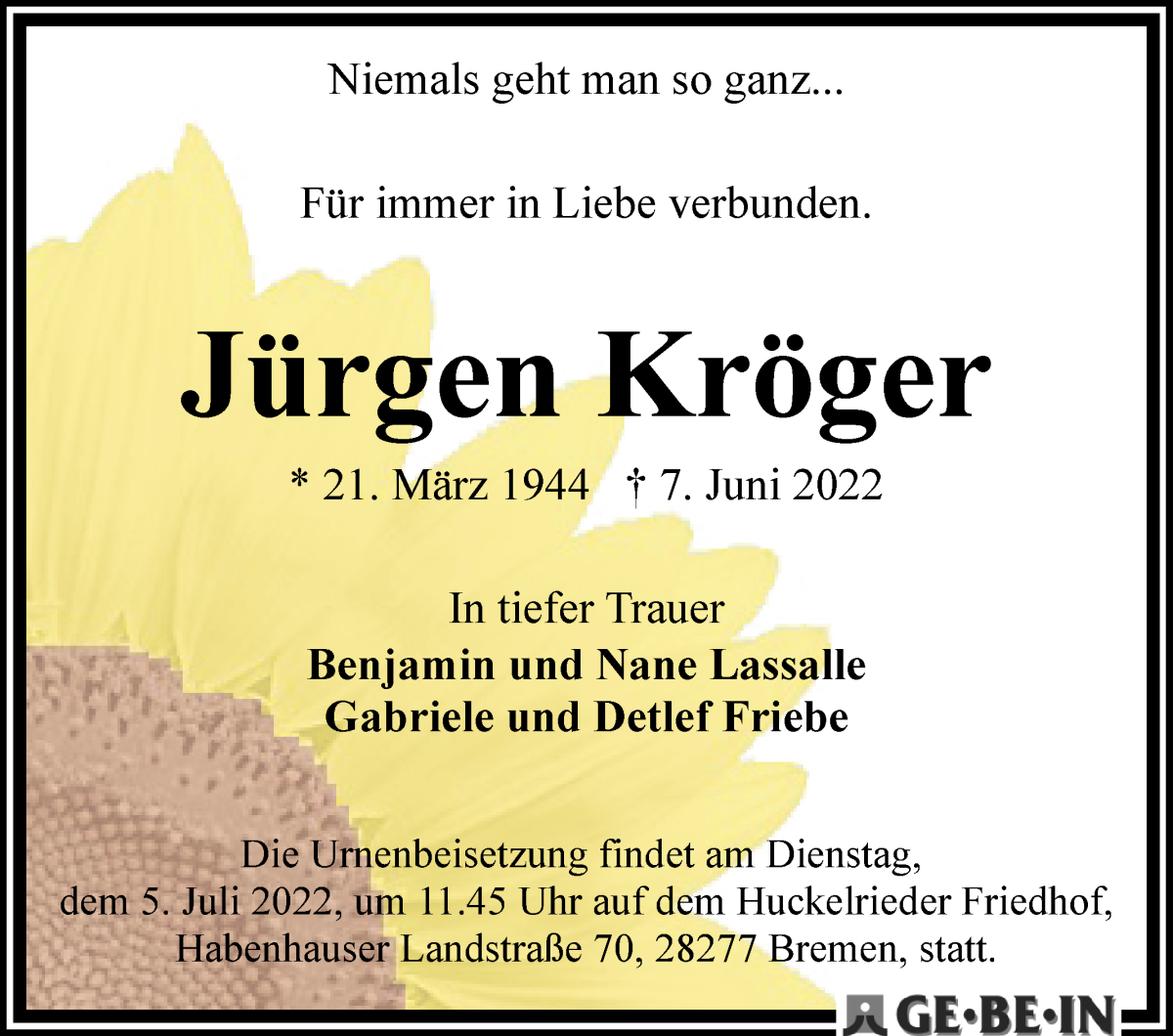Traueranzeige von Jürgen Kröger von WESER-KURIER