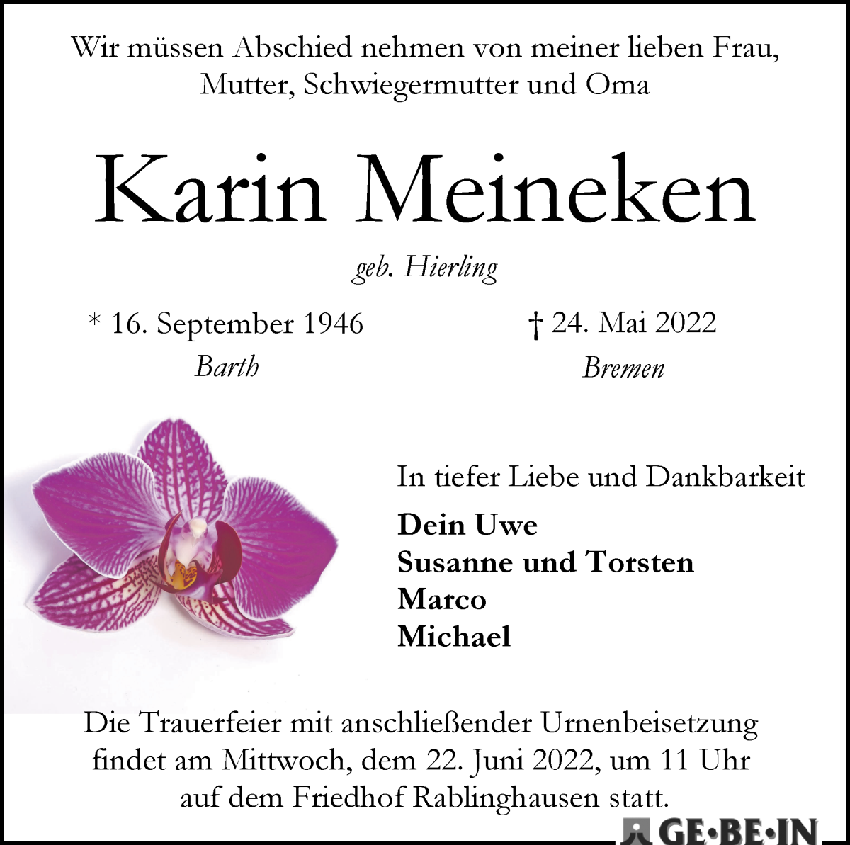 Traueranzeige von Karin Meineken von WESER-KURIER