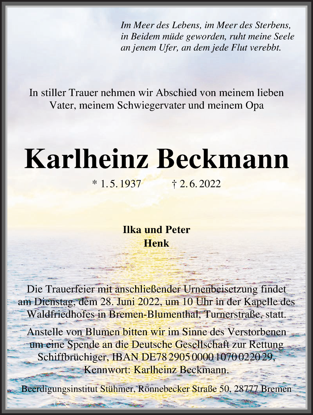 Traueranzeige von Karlheinz Beckmann von Die Norddeutsche