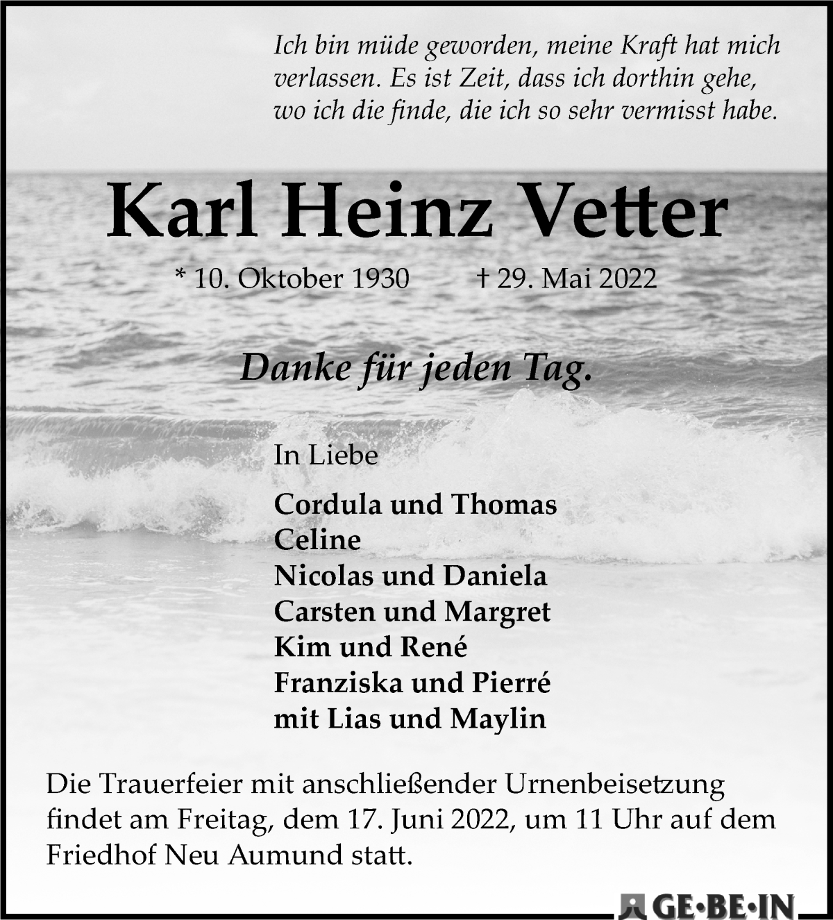 Traueranzeige von Karl Heinz Vetter von Die Norddeutsche