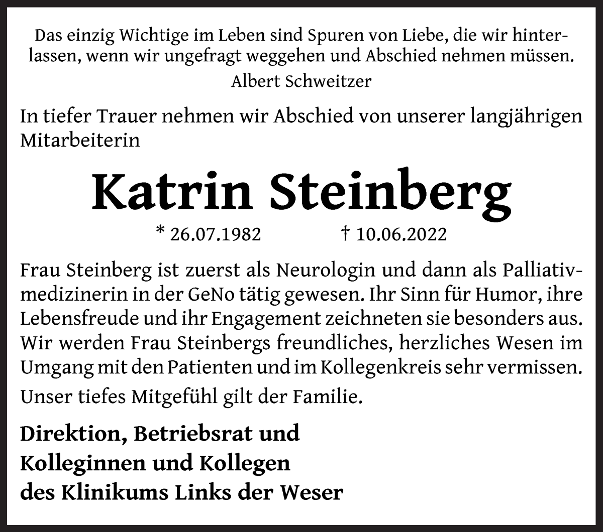 Traueranzeige von Katrin Steinberg von WESER-KURIER