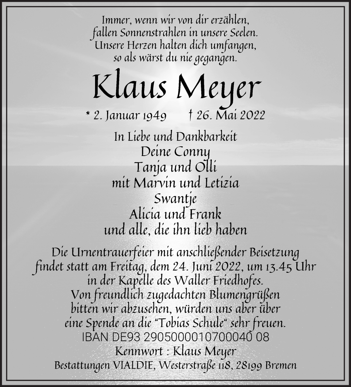 Traueranzeige von Klaus Meyer von WESER-KURIER